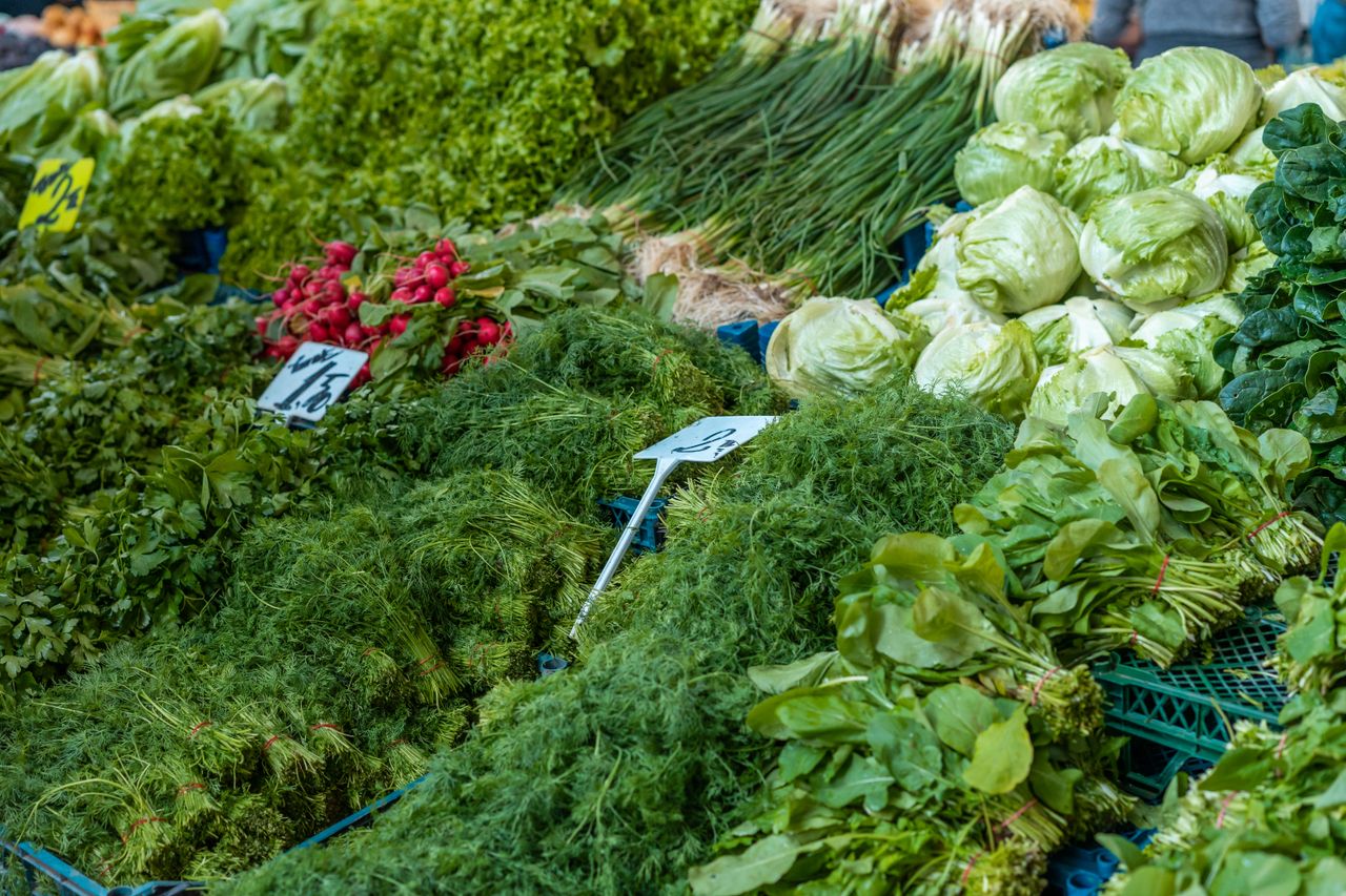 Vibrant display of fresh vegetables and herbs like lettuce, radishes, and dill at a local market.